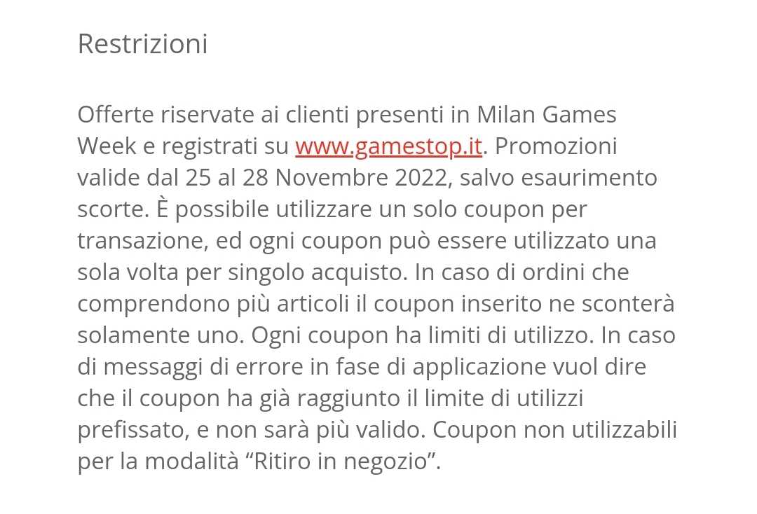 Milan Games Week 2022 - Restrizioni offerte GameStop